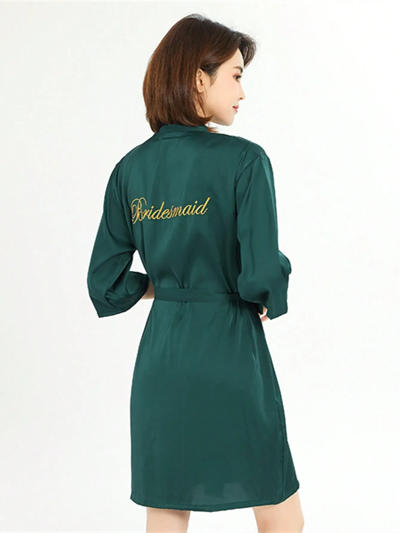 1pc Women's Dark Green Embroidered Bride Or Bridesmaid Robe, Perfect For Wedding Preparations And Sleepwear