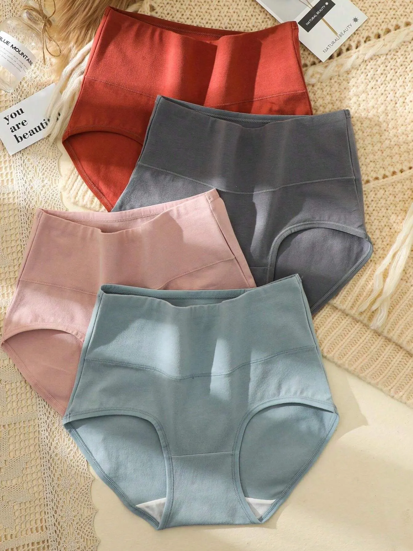 4pcs/Set Women's High Waist High Elasticity Triangle Panties, Breathable & Skin-Friendly & Slimming, Solid Color, Elegant