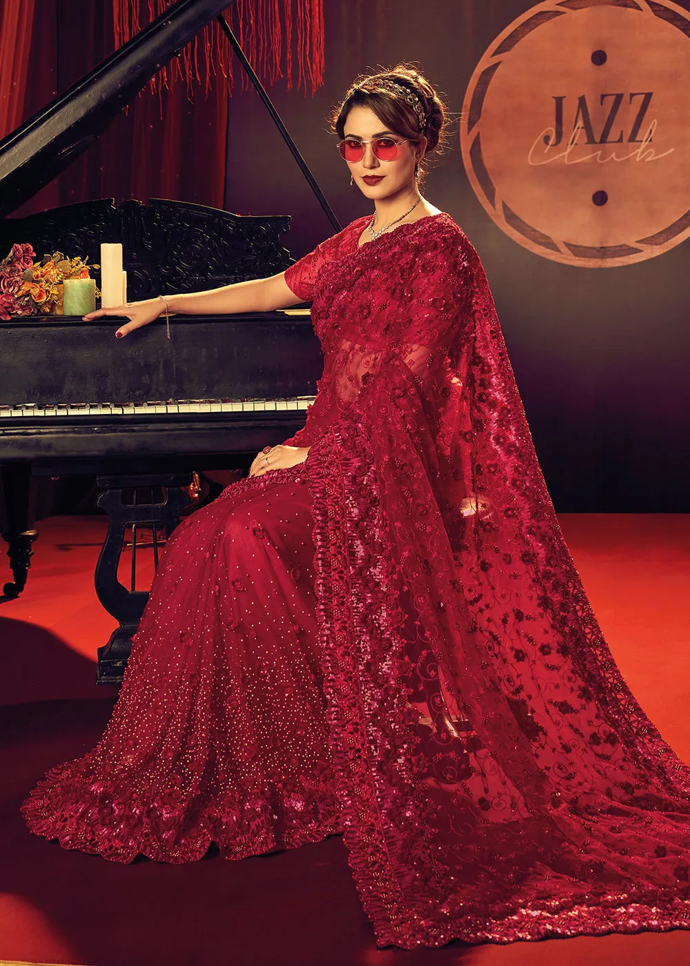 Bridal Party Luxurious Red Premium Net Contemporary Saree