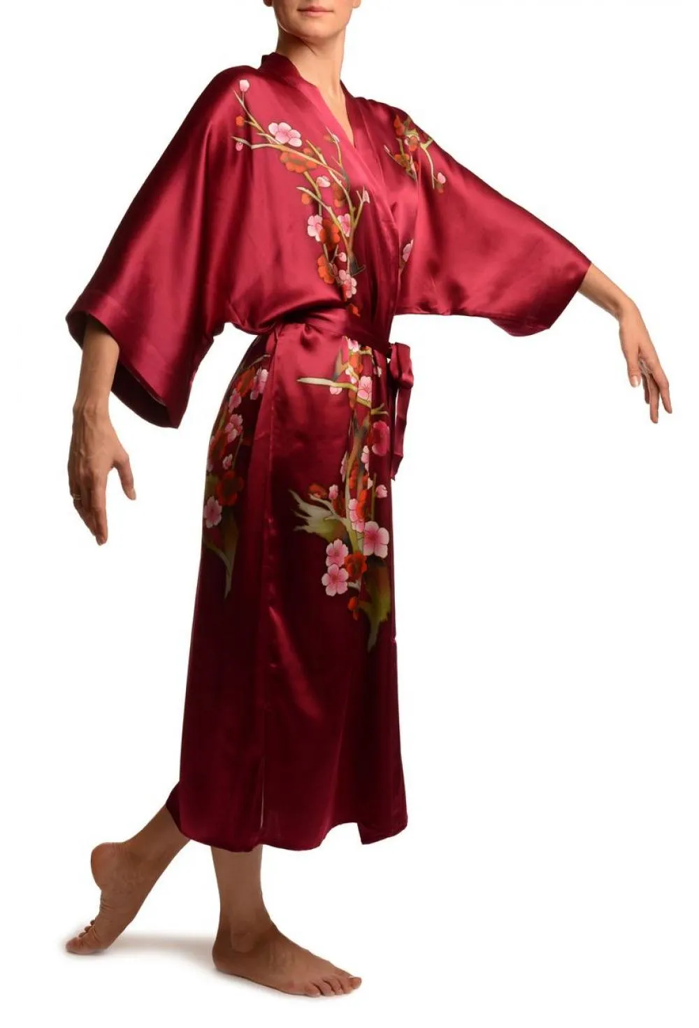 Burgundy With Sakura Bloom Luxurious Silk Dressing Gown (Robe)