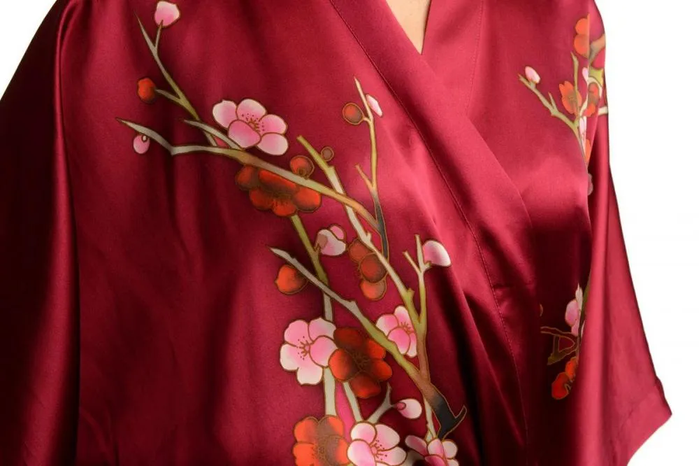 Burgundy With Sakura Bloom Luxurious Silk Dressing Gown (Robe)