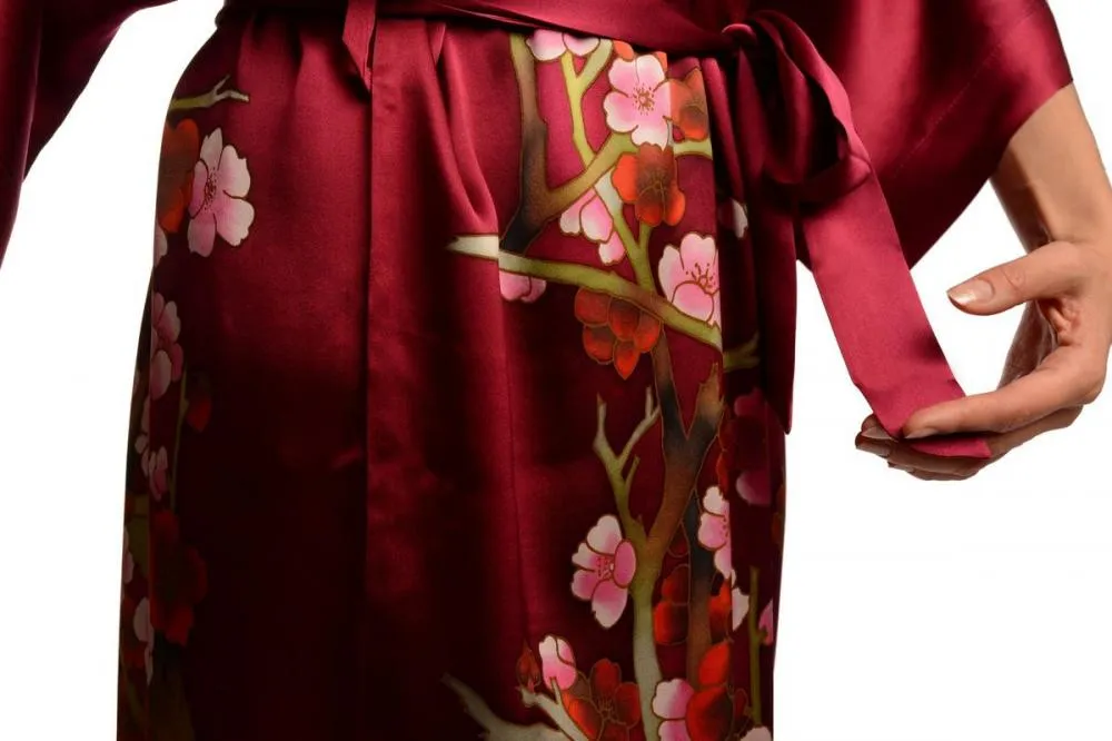 Burgundy With Sakura Bloom Luxurious Silk Dressing Gown (Robe)