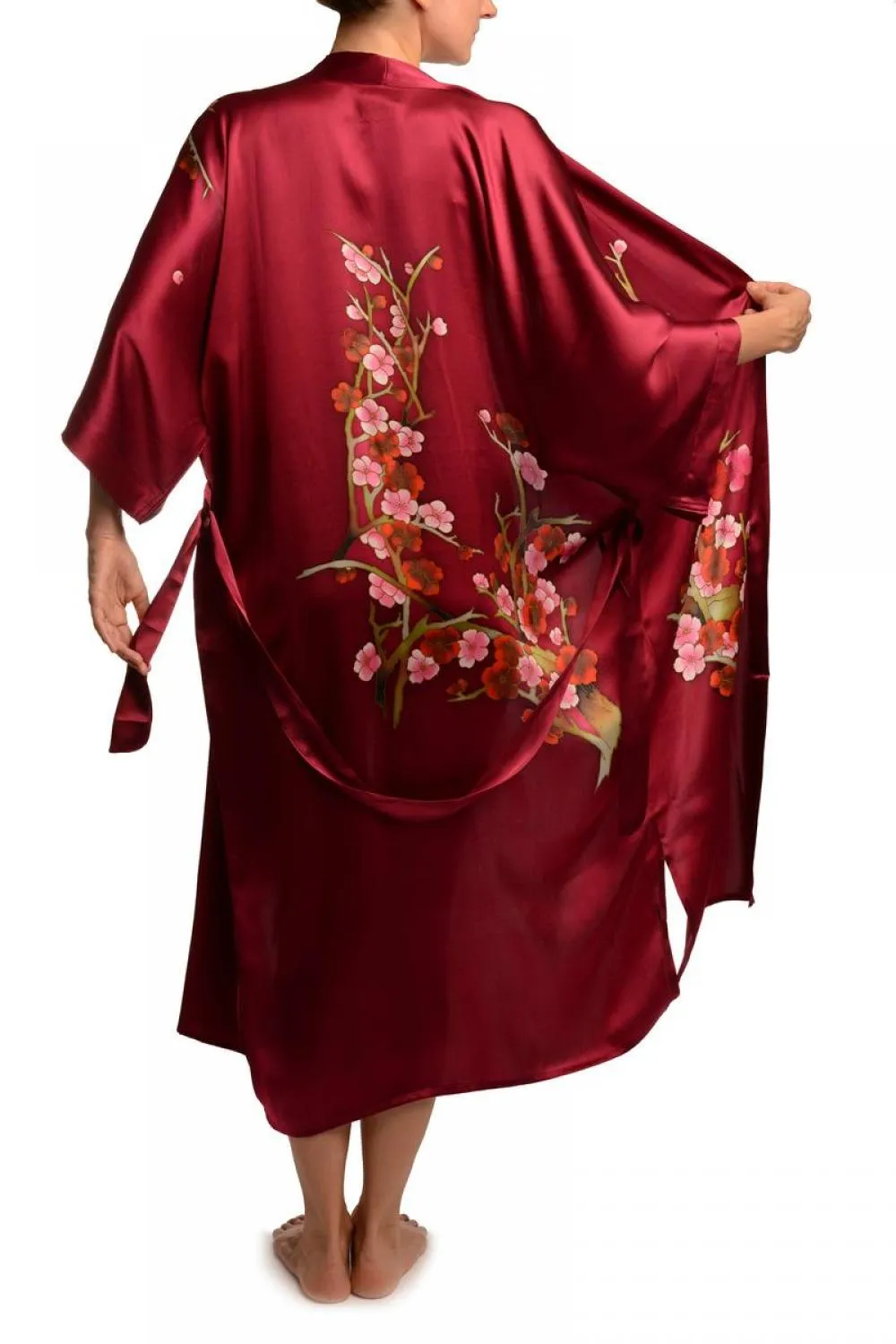 Burgundy With Sakura Bloom Luxurious Silk Dressing Gown (Robe)