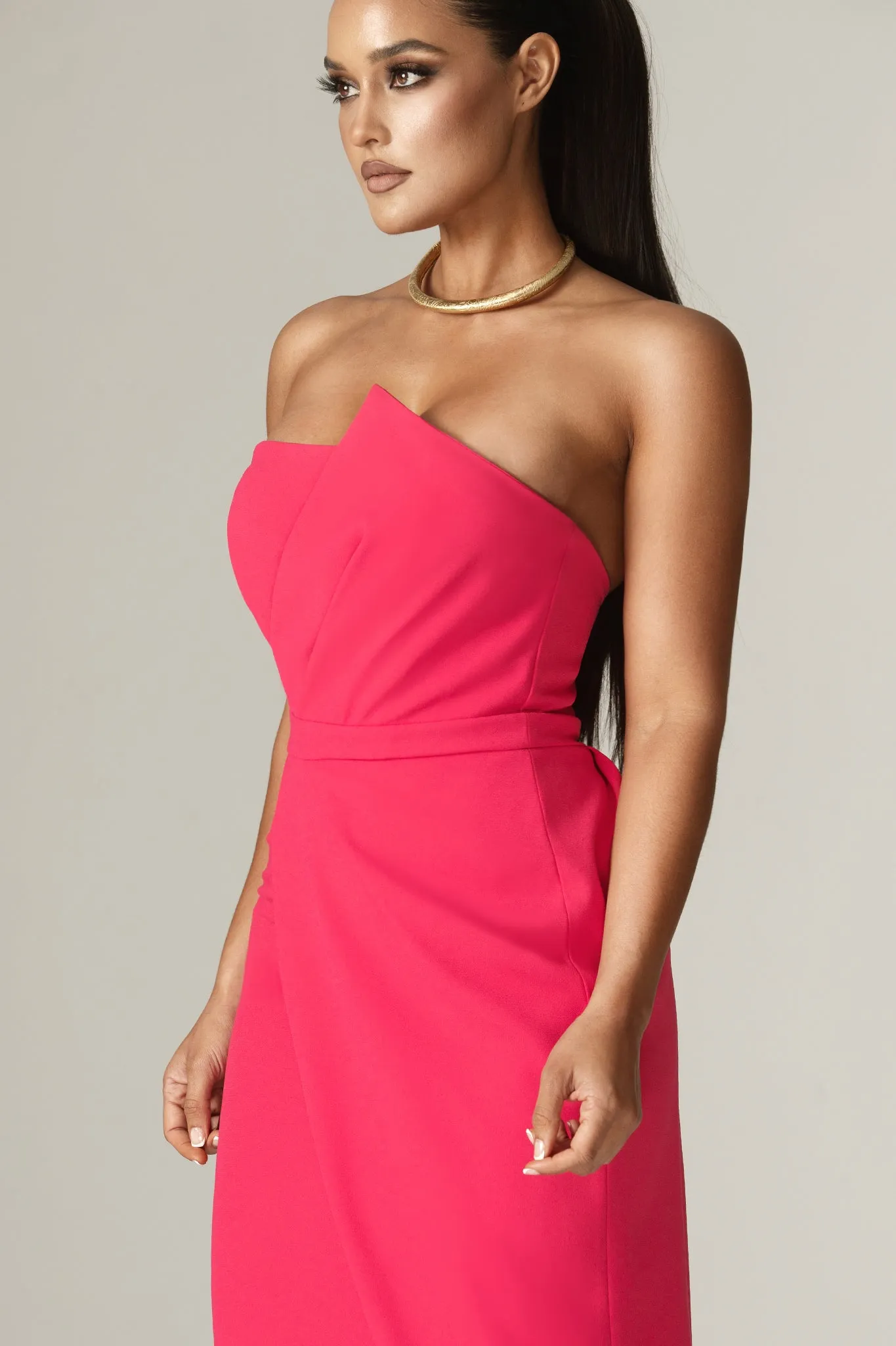 Eliana Crepe Corset Midi Dress (Fuchsia)