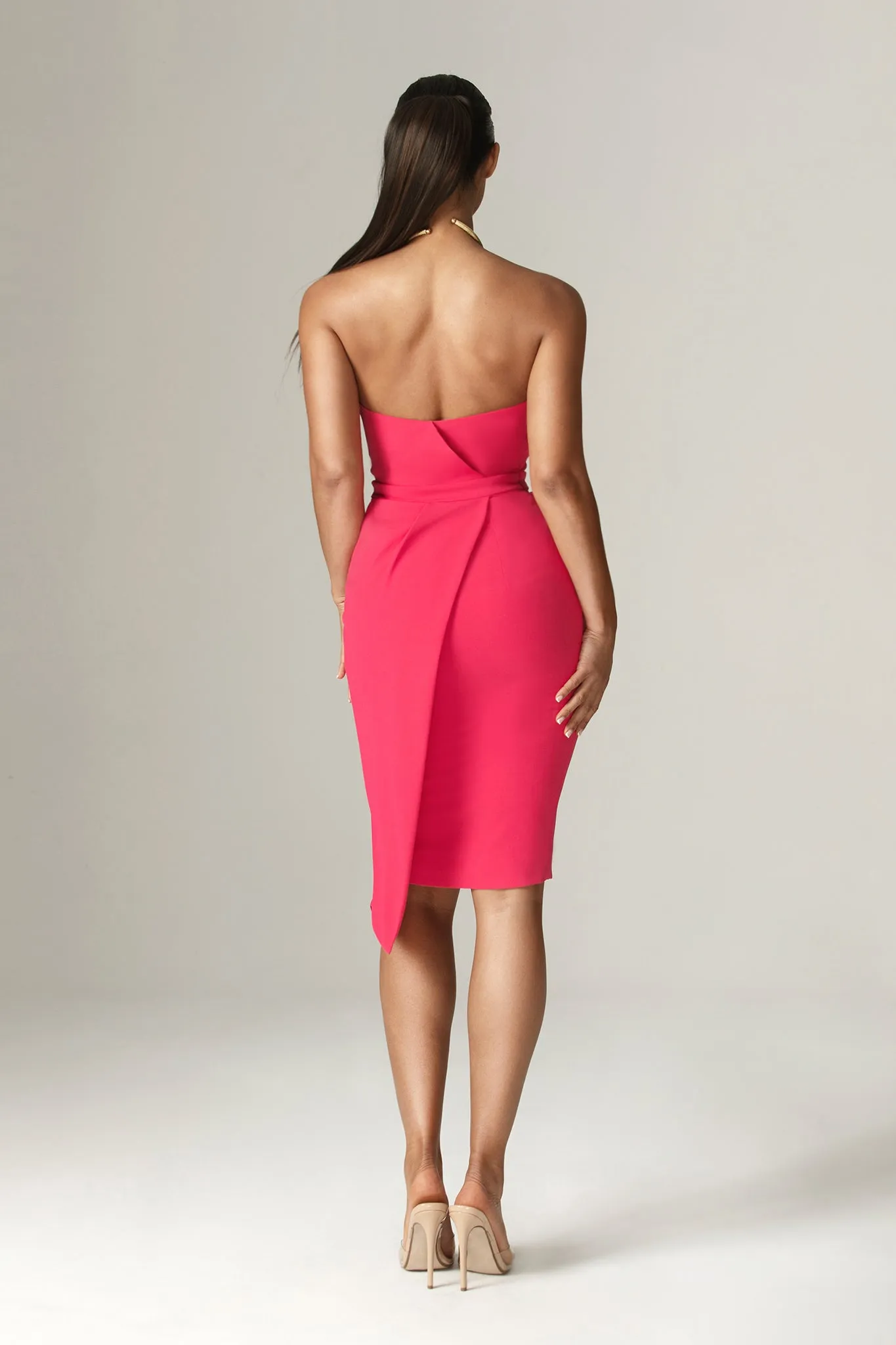 Eliana Crepe Corset Midi Dress (Fuchsia)