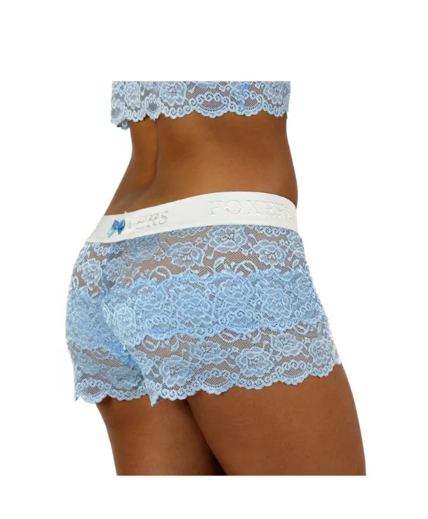 Certainly! An optimized title for the product could be: Mens Light Blue Lace Boxers by Foxers - Comfortable and Stylish Underwear.