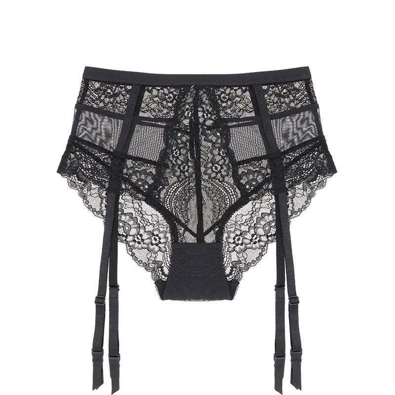 High Waist Panties Sheer Lace Suspenders