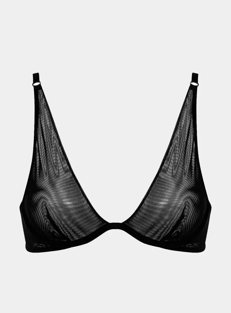 I.D. Line Deep Plunge Underwired Fine Mesh Bra Black