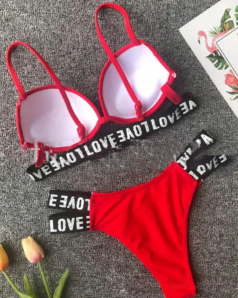 Letter Banded Strap Bra With Panties Bikini Sets