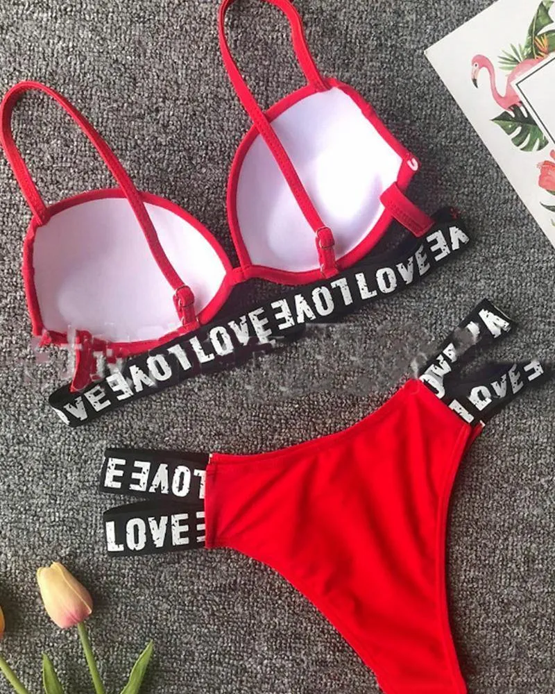 Letter Banded Strap Bra With Panties Bikini Sets