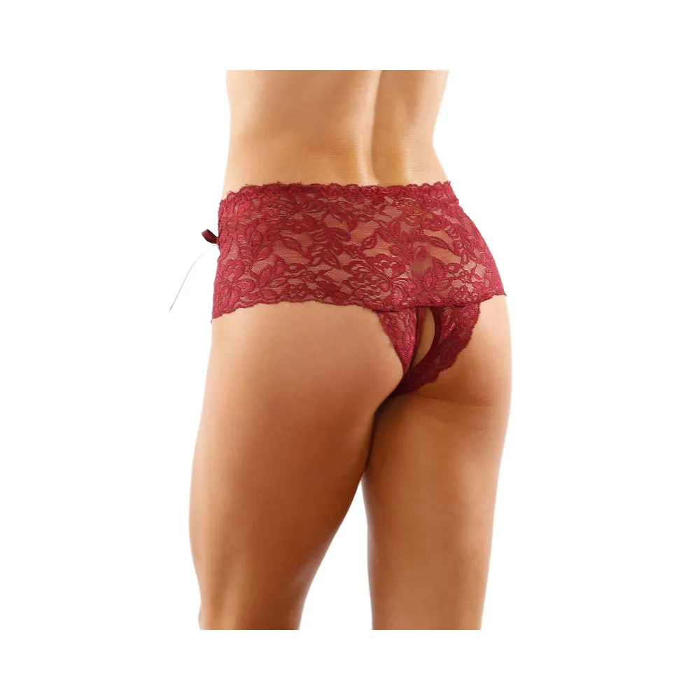 Magnolia Crotchless Lace Boyshort With Lace-Up Panel Details Garnet L/XL