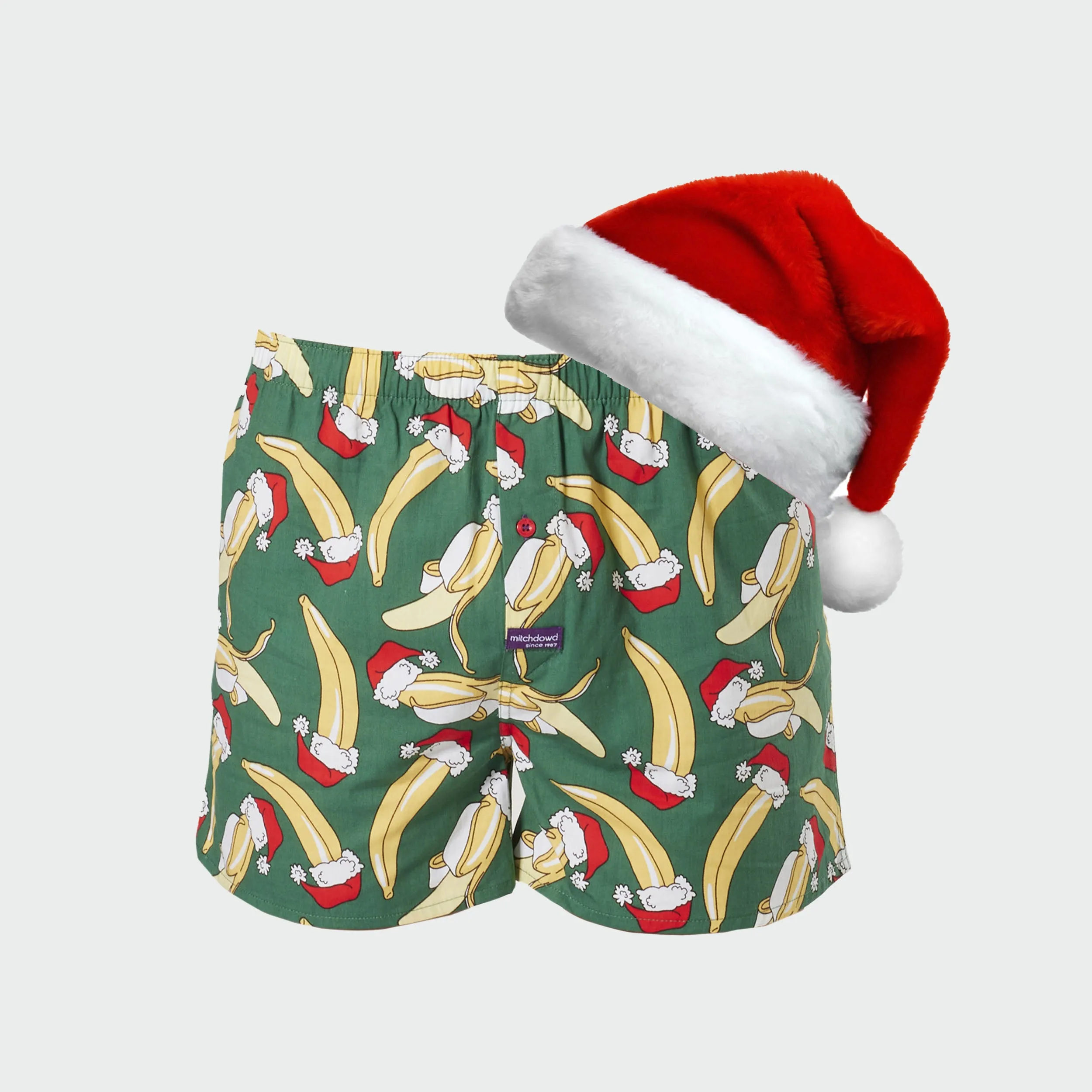 Men's Christmas Jolly Banana Cotton Boxer Shorts with Santa Hat - Green