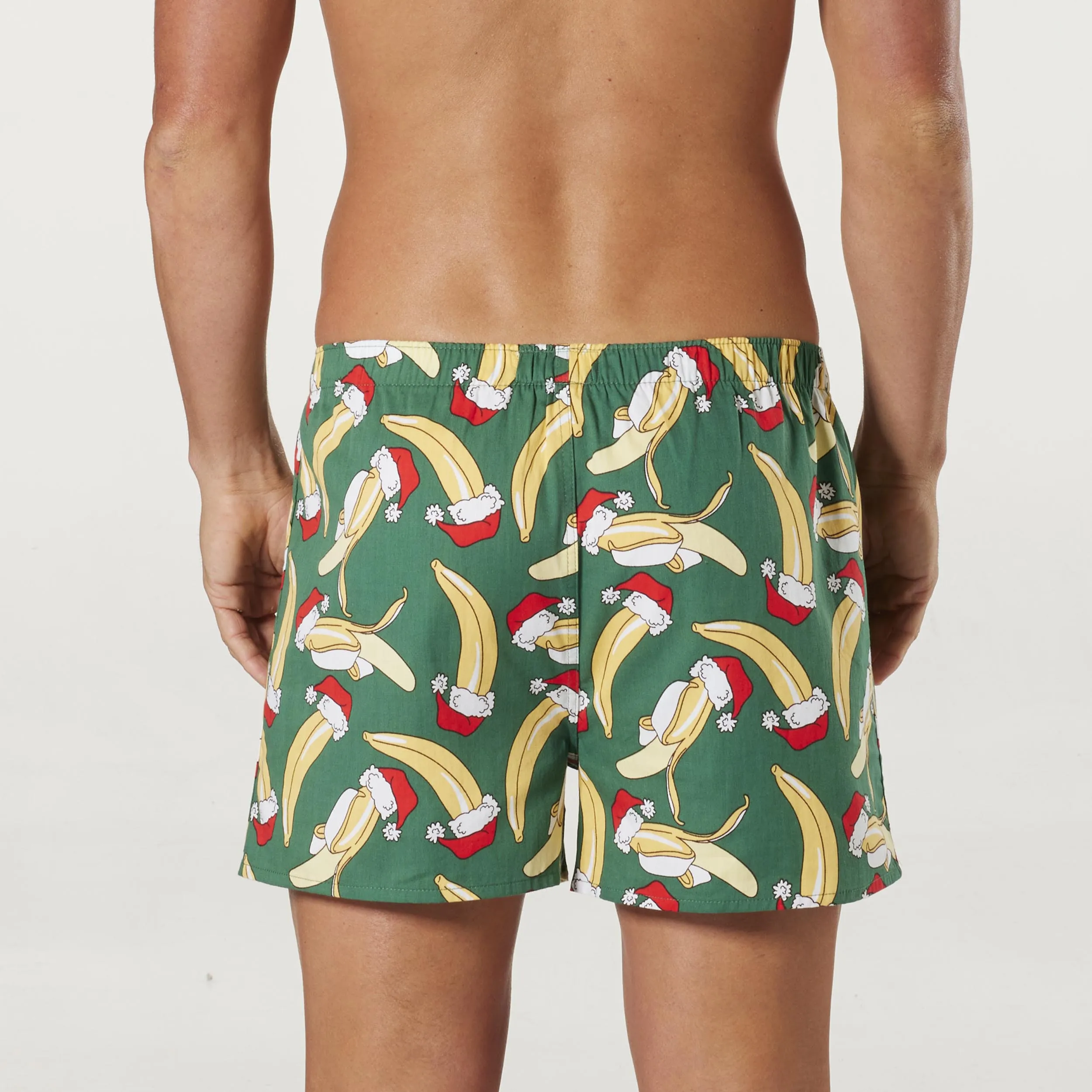 Men's Christmas Jolly Banana Cotton Boxer Shorts with Santa Hat - Green