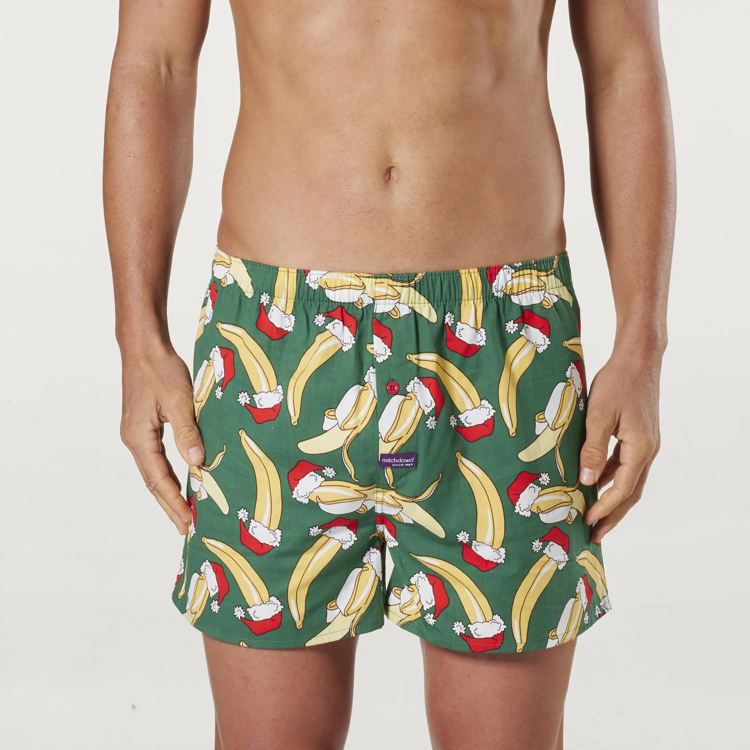 Men's Christmas Jolly Banana Cotton Boxer Shorts with Santa Hat - Green