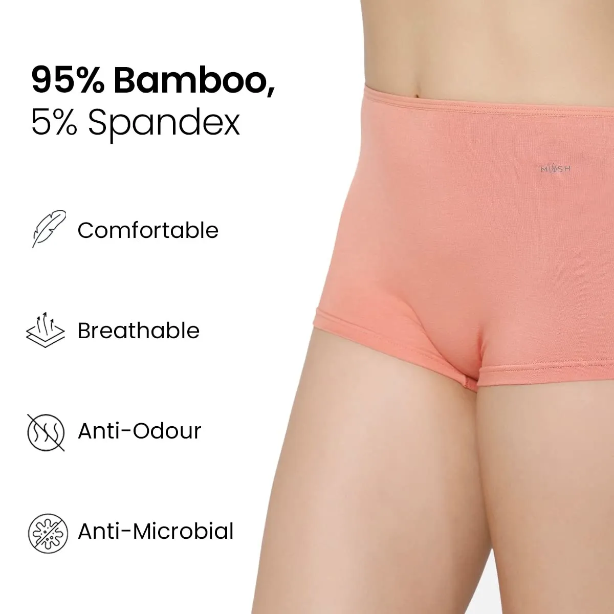 Mush Bamboo Boyshort Panties for Women | Ultra Soft Bamboo Underwear for Women | Breathable, Anti-Odor, Seamless & All Day Comfort Panties Pack of 3 (L, Peach)