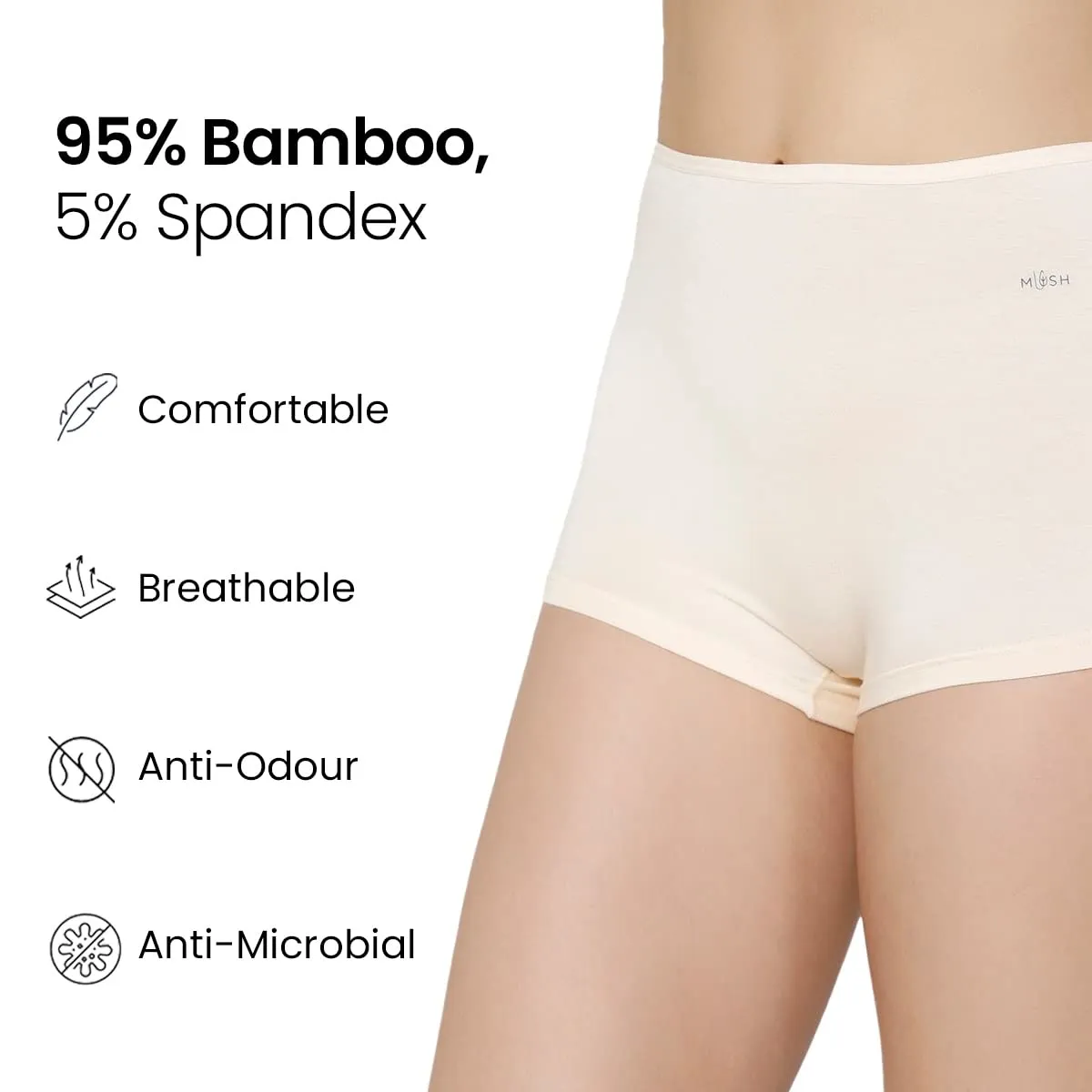 Mush Bamboo Boyshort Panties for Women | Ultra Soft Bamboo Underwear for Women | Breathable, Anti-Odor, Seamless & All Day Comfort Panties Pack of 3 (M, Beige)