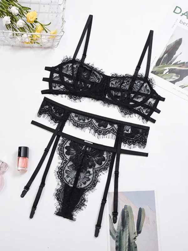 New women's sexy sexy hollow suspender underwear three-piece suit