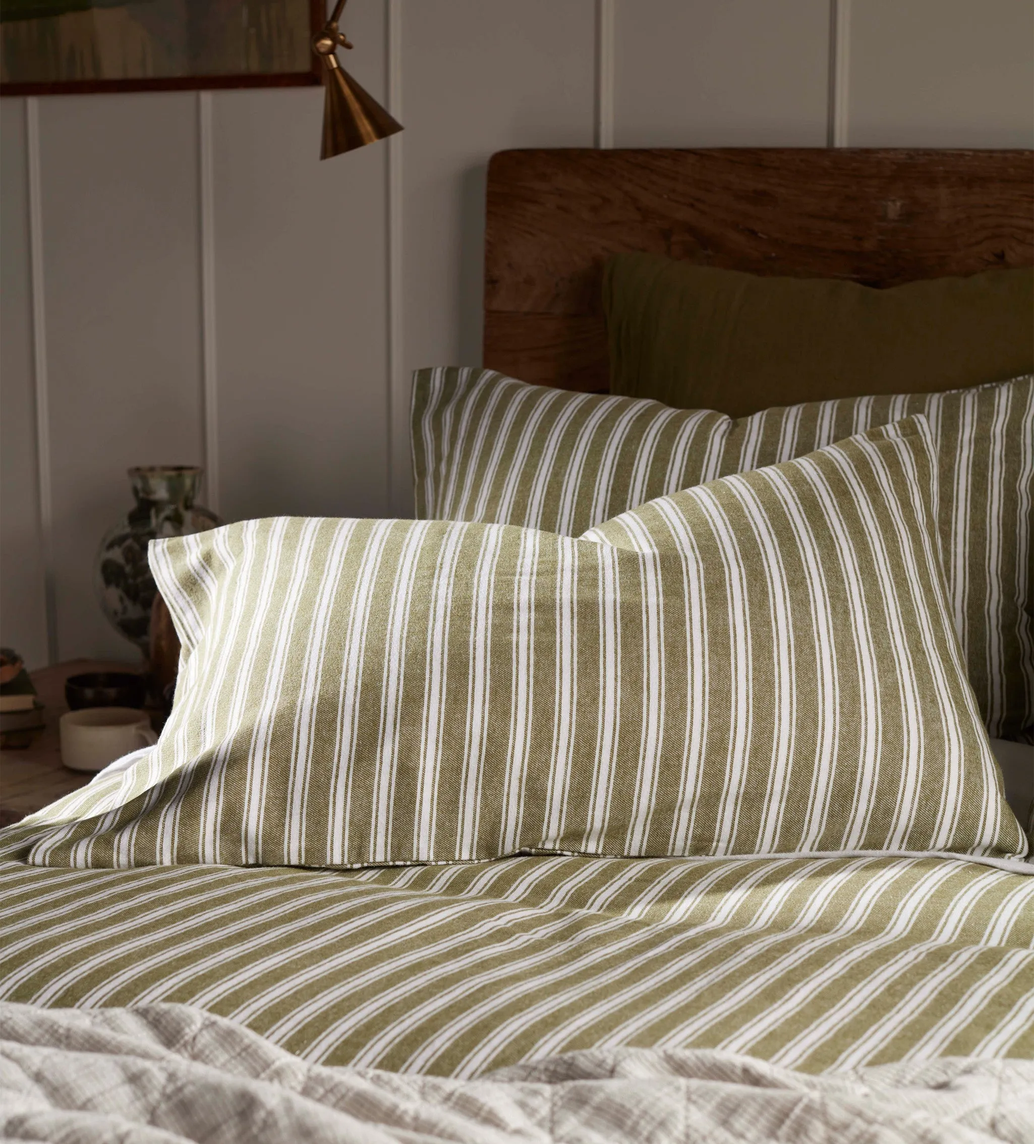 Olive Green Fred Stripe Brushed 100% Organic Cotton Pillowcase