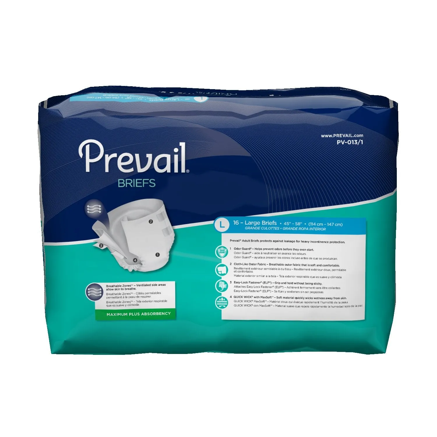 Prevail PV-013/1 Premium Briefs Large 45" - 58" Waist. Latex-free. Pack of 16