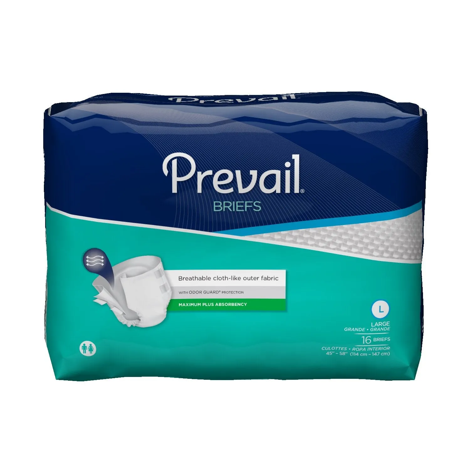 Prevail PV-013/1 Premium Briefs Large 45" - 58" Waist. Latex-free. Pack of 16