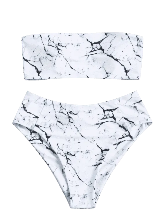 Print High Waist Marble Bandeau Bikini Set