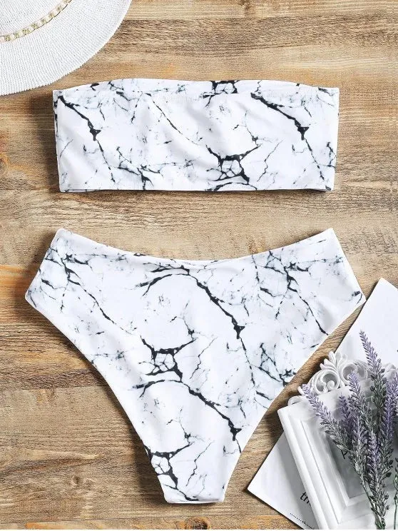 Print High Waist Marble Bandeau Bikini Set