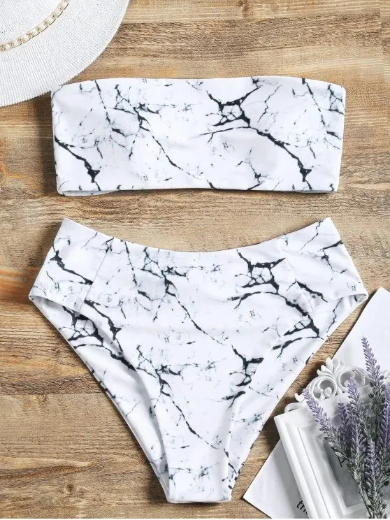 Print High Waist Marble Bandeau Bikini Set