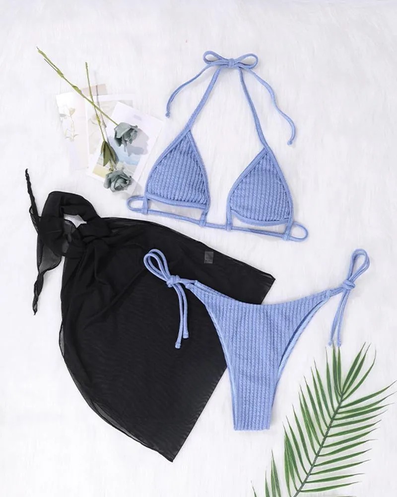 Solid Knitted Bra With Panties And Strappy Beach Apron Bikini Sets