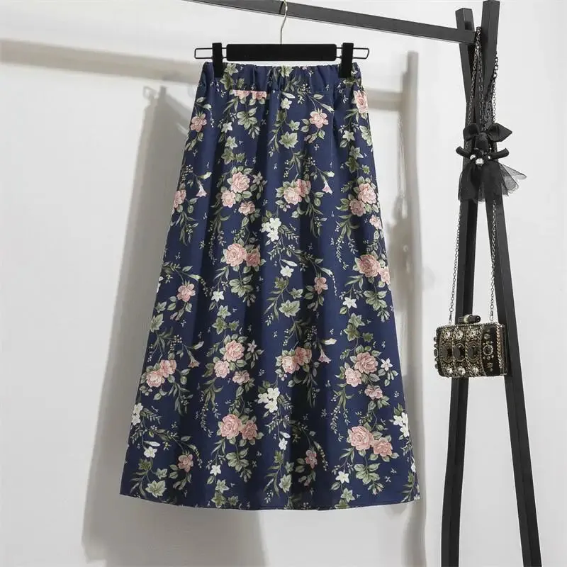 Women's Chiffon Skirts Casual Floral Print Long Skirts Elastic Waist Loose Extended Skirt.