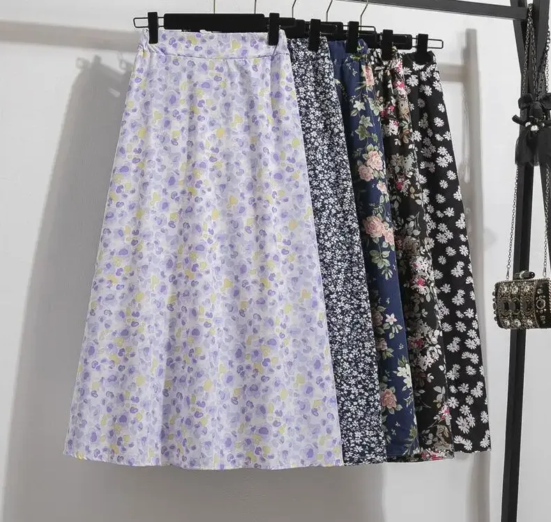 Women's Chiffon Skirts Casual Floral Print Long Skirts Elastic Waist Loose Extended Skirt.