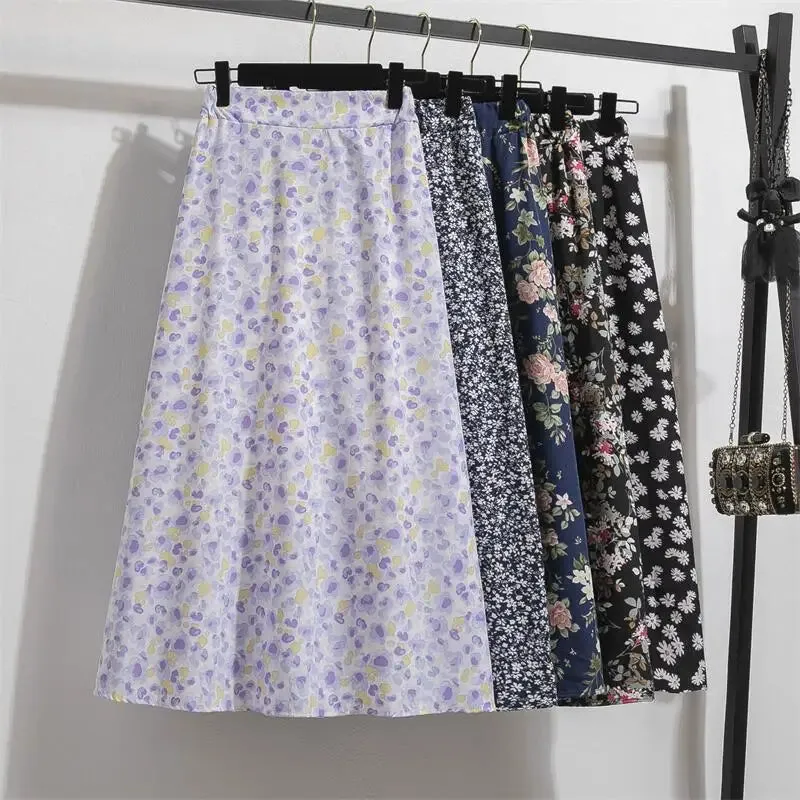 Women's Chiffon Skirts Casual Floral Print Long Skirts Elastic Waist Loose Extended Skirt.