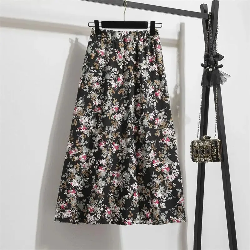 Women's Chiffon Skirts Casual Floral Print Long Skirts Elastic Waist Loose Extended Skirt.