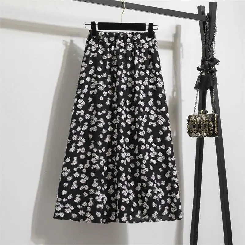 Women's Chiffon Skirts Casual Floral Print Long Skirts Elastic Waist Loose Extended Skirt.