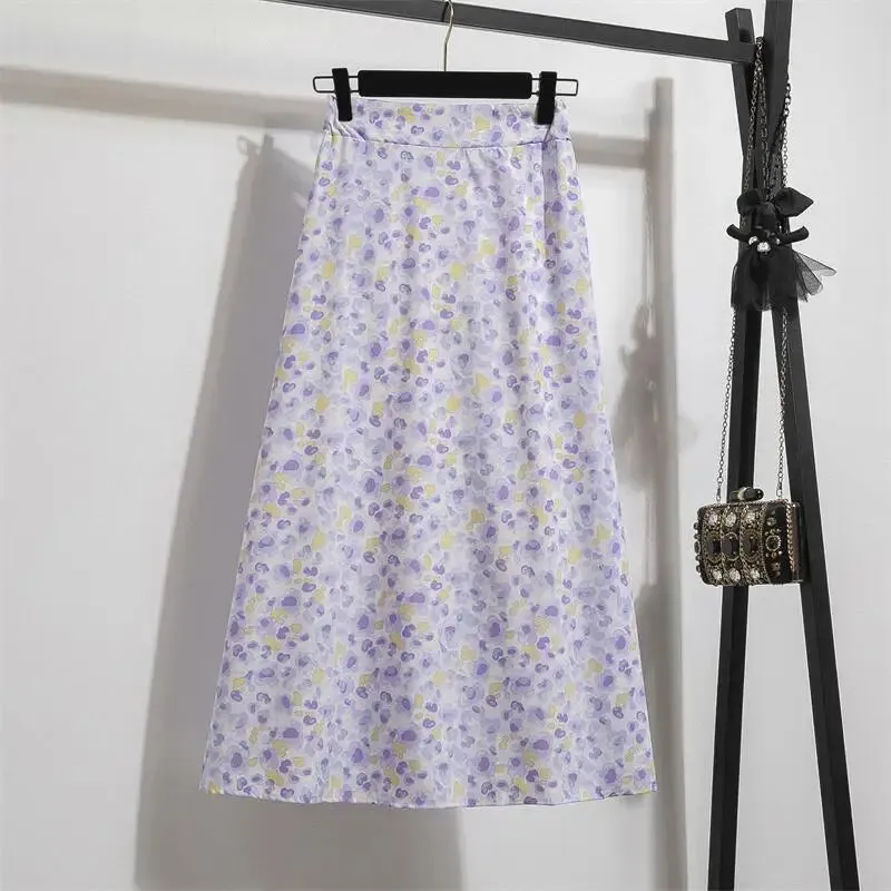 Women's Chiffon Skirts Casual Floral Print Long Skirts Elastic Waist Loose Extended Skirt.